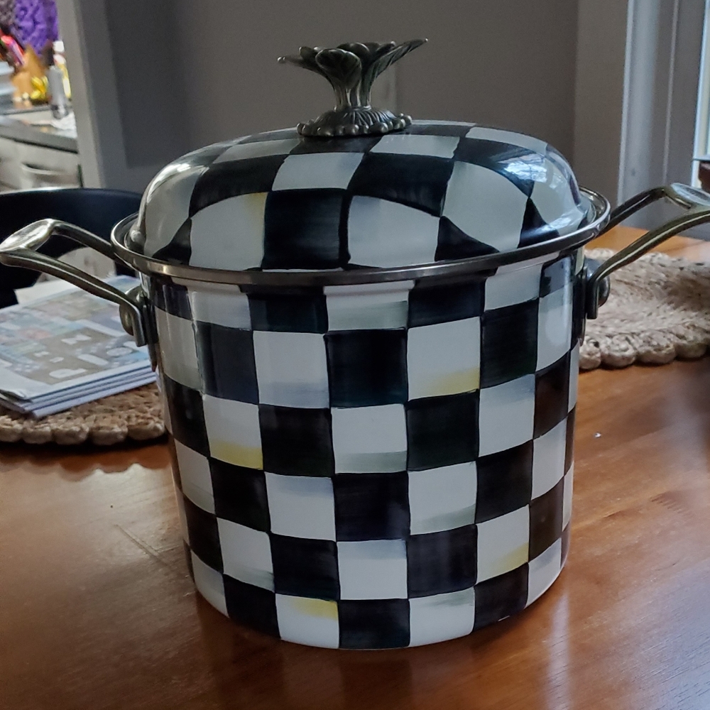 MacKenzie-Childs Black and White Courtly Check Covered Pot with Brass Handles
